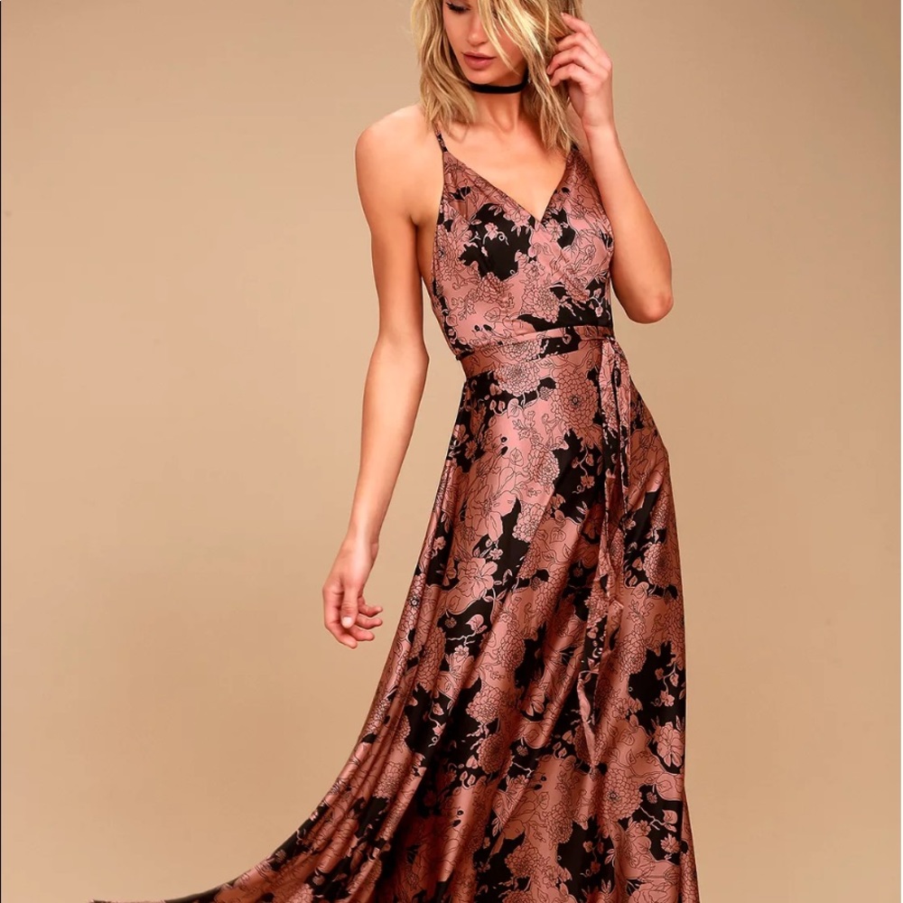 Lulus Tea Gardens Rusty Rose Floral Print Satin Maxi Dress